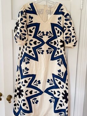 Sea New York Cream Midi Dress with Bold Blue and Black Motif